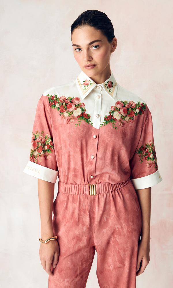 Комбинезон в длине макси из сатиновой стрейч вискозы с авторским принтом 