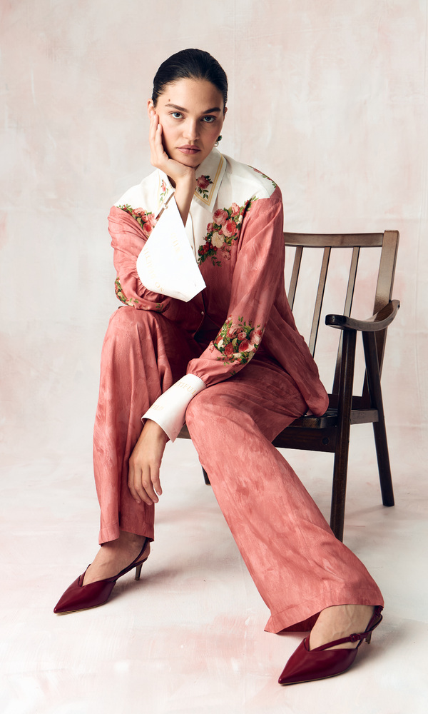 Брюки из сатиновой стрейч вискозы с авторским принтом 