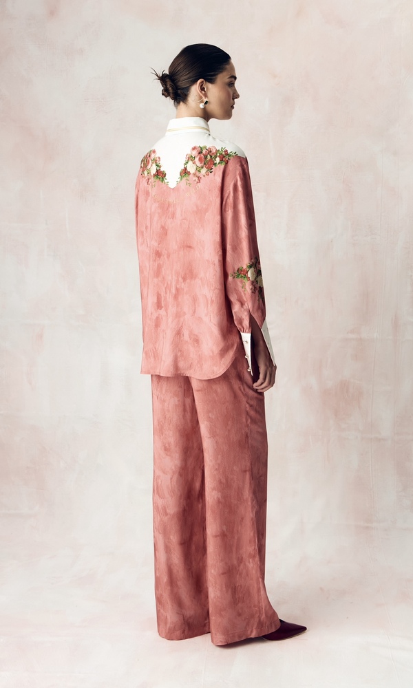 Брюки из сатиновой стрейч вискозы с авторским принтом 