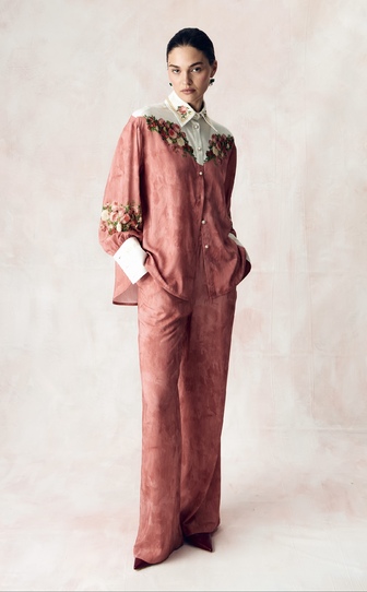 Брюки из сатиновой стрейч вискозы с авторским принтом 