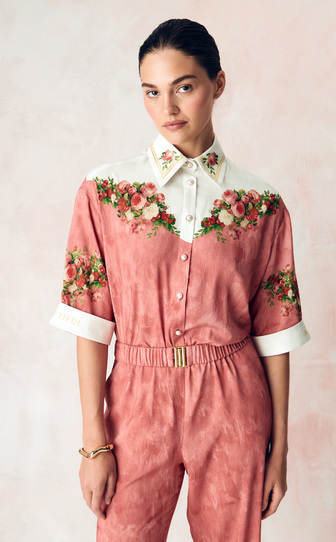 Комбинезон в длине макси из сатиновой стретч вискозы с авторским принтом 