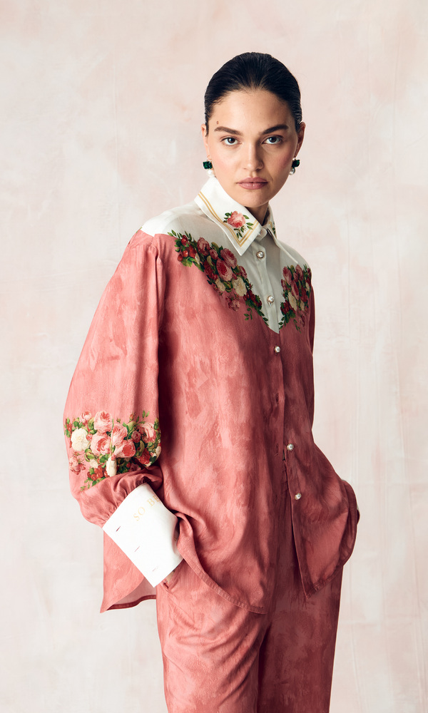 Брюки из сатиновой стрейч вискозы с авторским принтом 