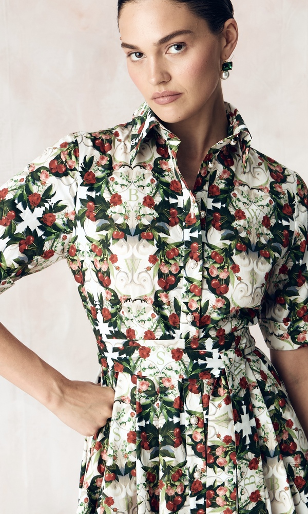 Платье-рубашка из стрейч поплина с авторским принтом “ВИШНЕВЫЙ САД»-Изображение
