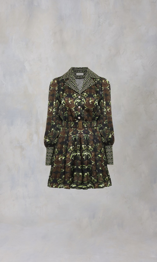 Платье из сатиновой вискозы в длине мини с авторским принтом 