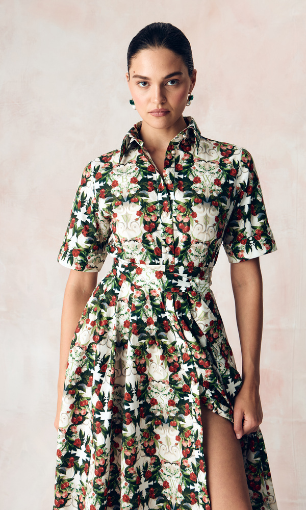 Платье-рубашка из стрейч поплина с авторским принтом “ВИШНЕВЫЙ САД»-Изображение