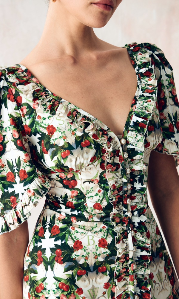Платье из стрейч поплина с авторским принтом «ВИШНЕВЫЙ САД»-Изображение