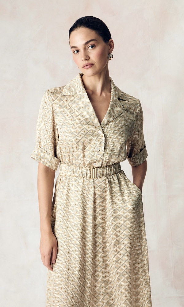 Платье из сатиновой стрейч вискозы с авторским принтом 