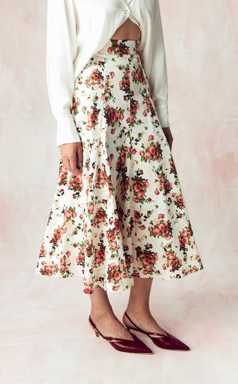 Юбка из стрейч поплина с авторским принтом «ПИОНЫ И ВИШНИ»