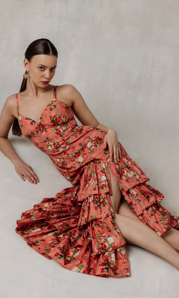 Платье ЭСМЕРАЛЬДА из эластичного хлопка поплина с авторским принтом 