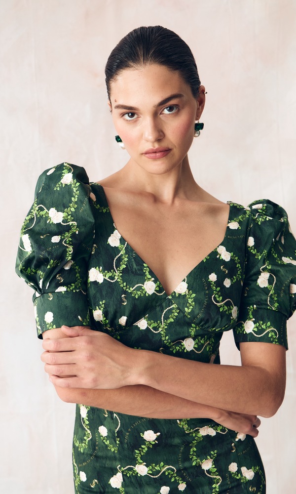 Платье АРИЭЛЬ из стрейч поплина с авторским принтом «КОРОЛЕВСКАЯ РОЗА»-Изображение