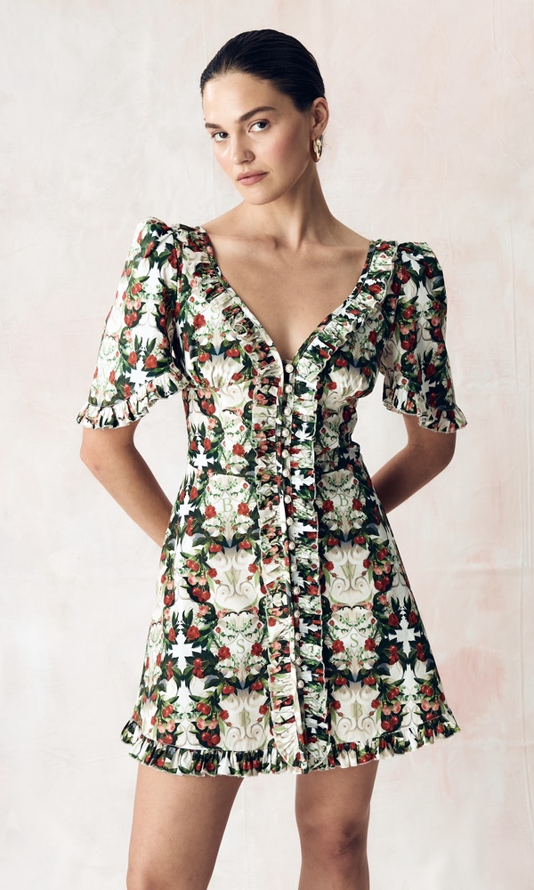 Платье из стрейч поплина с авторским принтом «ВИШНЕВЫЙ САД»-Изображение