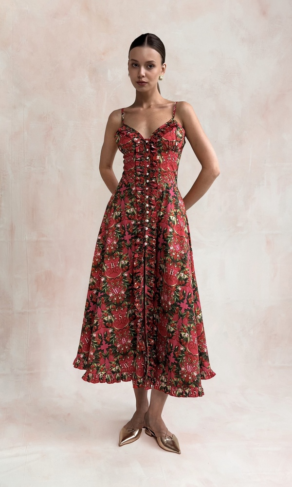 Сарафан НИНА из стрейч поплина с авторским принтом «ВИШНЕВЫЙ САД»-Изображение