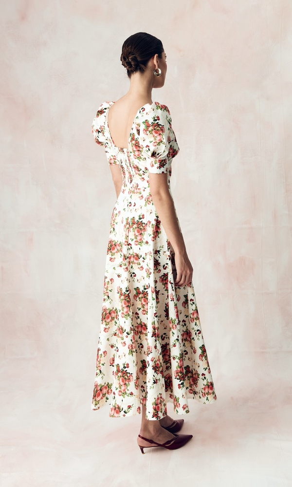 Платье годэ из стрейч поплина с авторским принтом «ПИОНЫ И ВИШНИ»-Изображение