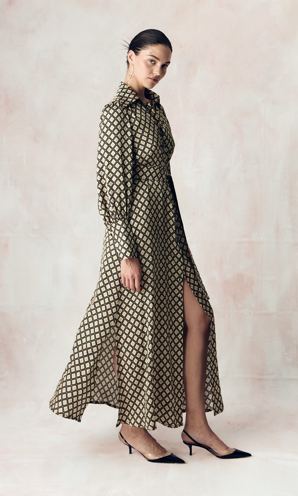 Платье из сатиновой стрейч вискозы с авторским принтом 