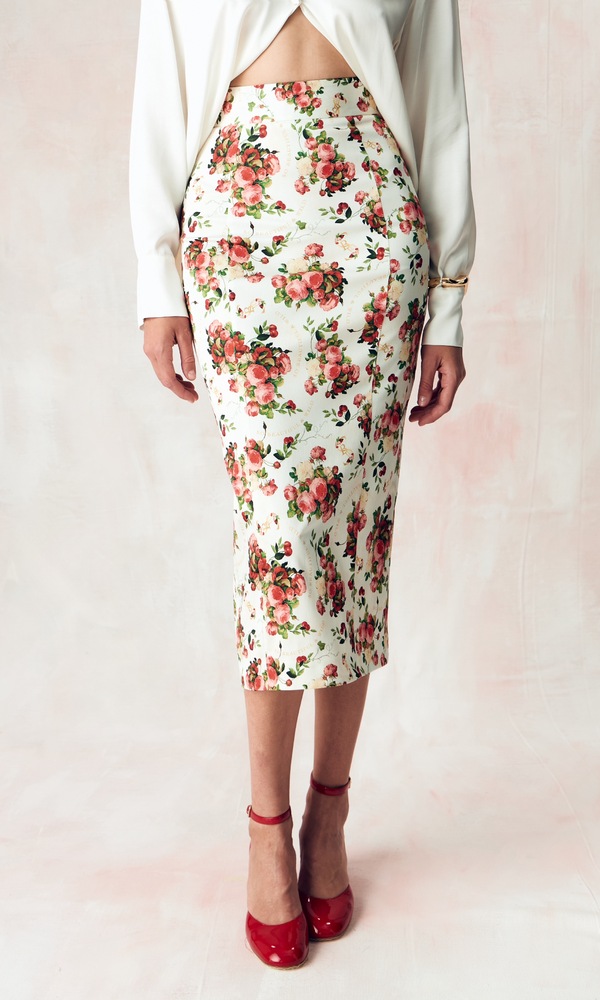 Юбка из стрейч поплина с авторским принтом “ПИОНЫ И ВИШНИ»-Изображение