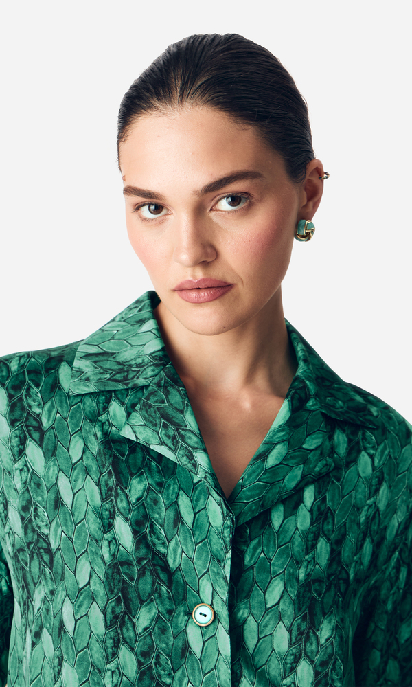 Костюм из сатиновой вискозы с авторским принтом MARBLE EMERALD-Изображение