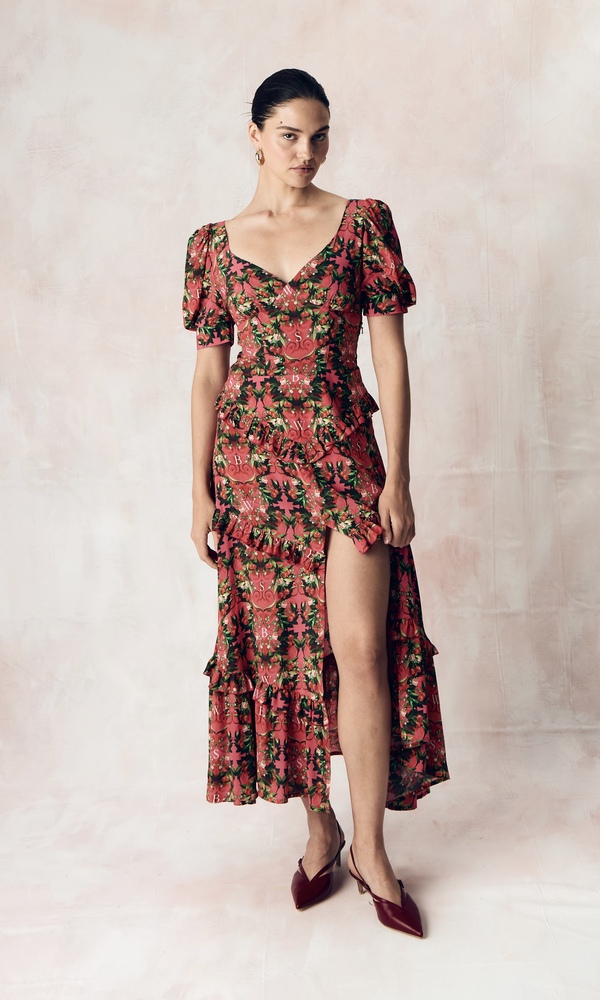 Платье из стрейч поплина с авторским принтом «ВИШНЕВЫЙ САД»-Изображение