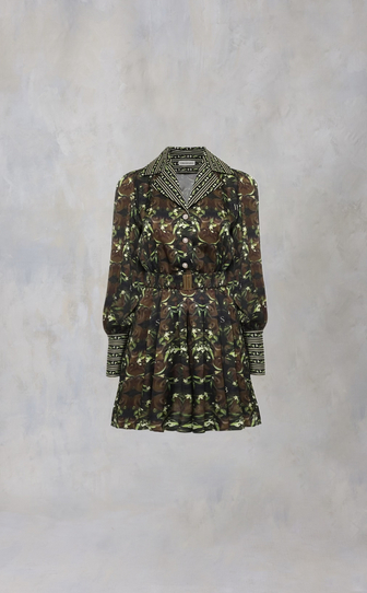 Платье из сатиновой вискозы в длине мини с авторским принтом 