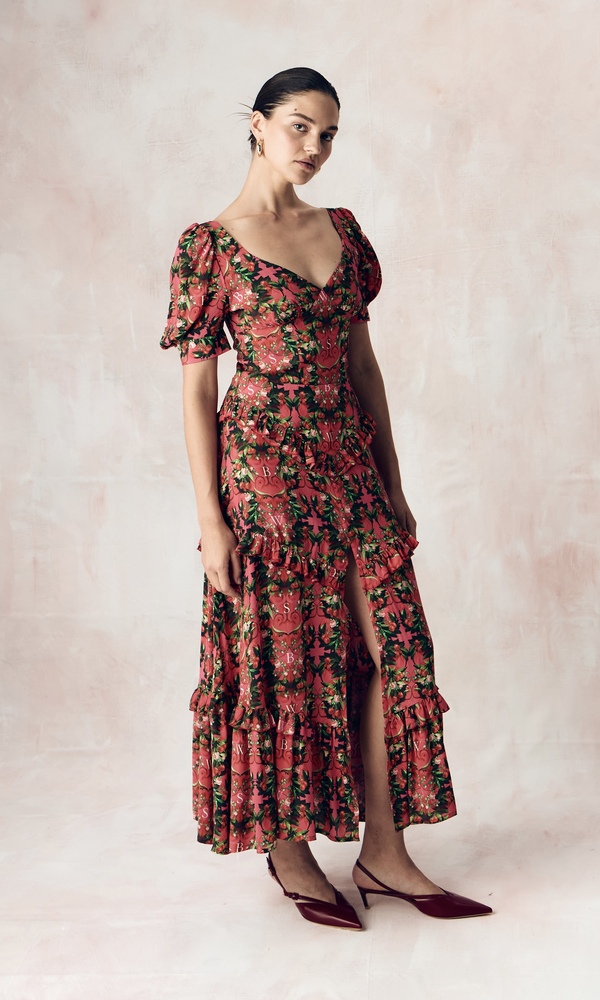 Платье из стрейч поплина с авторским принтом «ВИШНЕВЫЙ САД»-Изображение