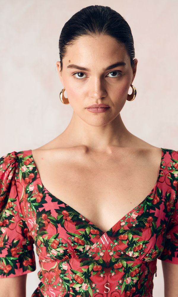 Платье из стрейч поплина с авторским принтом «ВИШНЕВЫЙ САД»-Изображение