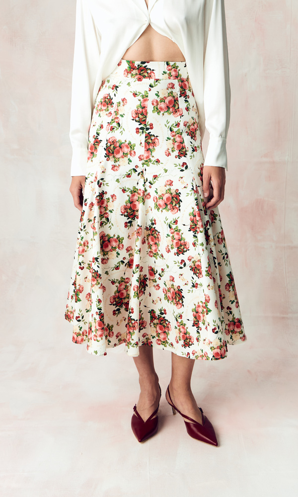 Юбка годэ в длине миди из стрейч поплина с авторским принтом «ПИОНЫ И ВИШНИ»-Изображение