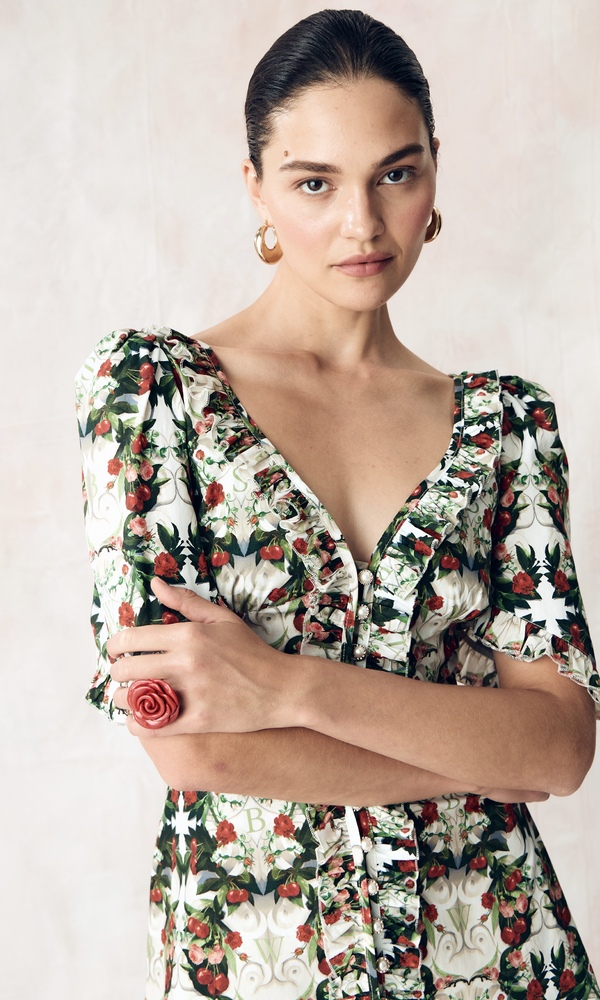 Платье из стрейч поплина с авторским принтом «ВИШНЕВЫЙ САД»-Изображение