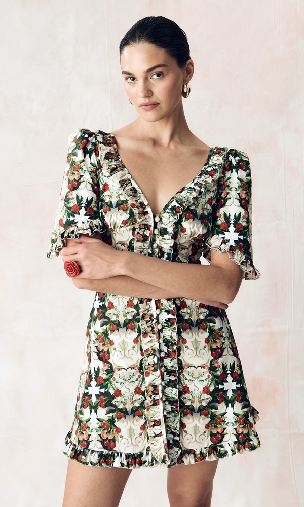 Платье из стрейч поплина с авторским принтом «ВИШНЕВЫЙ САД»-Изображение