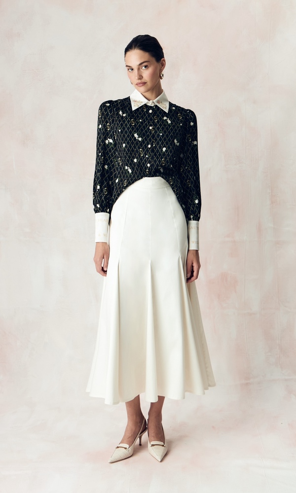 Рубашка из сатиновой стрейч вискозы с авторским принтом «ЗОЛОТЫЕ ПИОНЫ»-Изображение