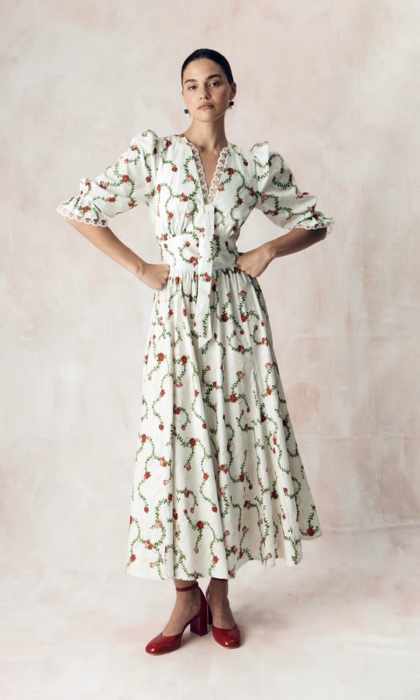 Платье годэ из облегченного хлопка поплина с авторским принтом «КОРОЛЕВСКАЯ РОЗА»-Изображение