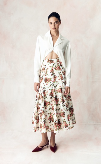 Юбка из стрейч поплина с авторским принтом «ПИОНЫ И ВИШНИ»