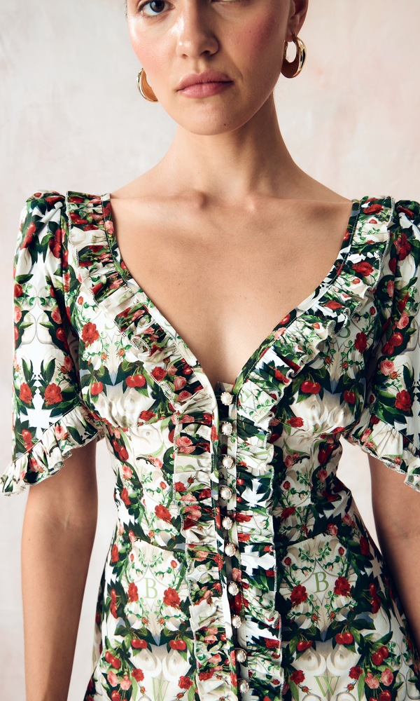 Платье из стрейч поплина с авторским принтом «ВИШНЕВЫЙ САД»-Изображение