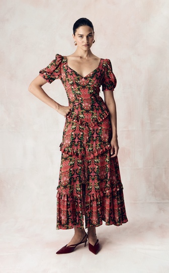 Платье из стрейч поплина с авторским принтом «ВИШНЕВЫЙ САД»