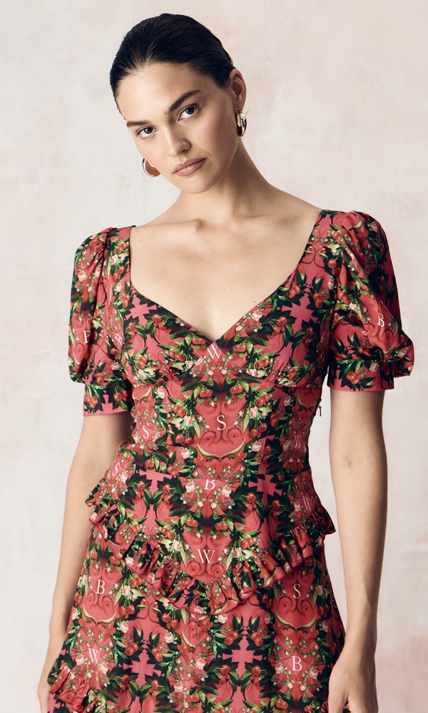 Платье из стрейч поплина с авторским принтом «ВИШНЕВЫЙ САД»-Изображение