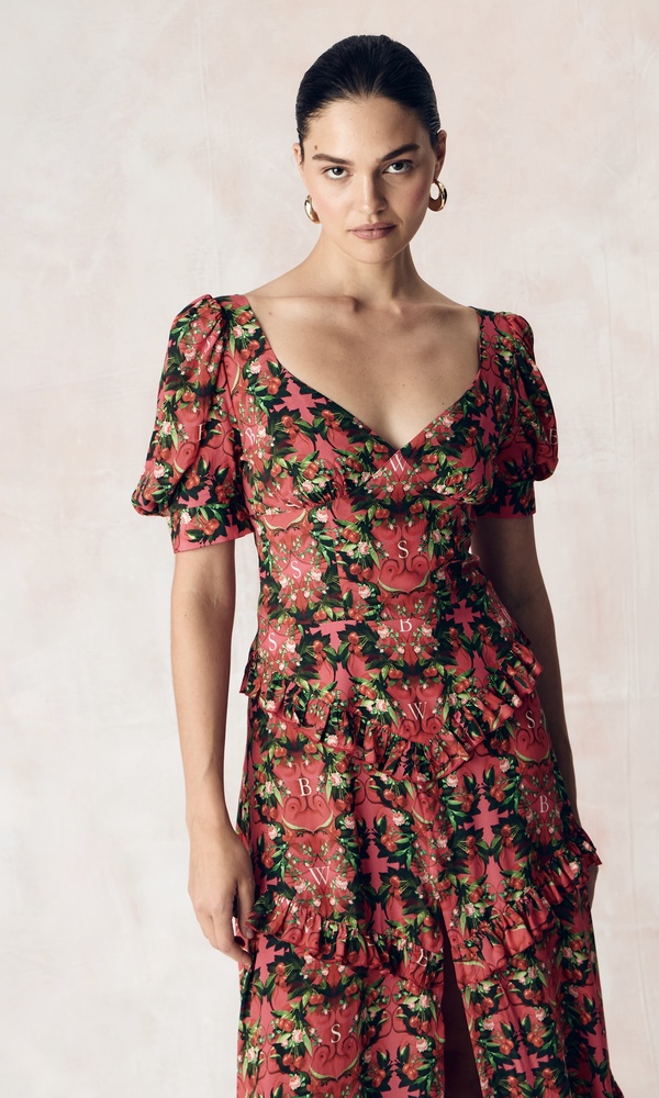 Платье из стрейч поплина с авторским принтом «ВИШНЕВЫЙ САД»-Изображение