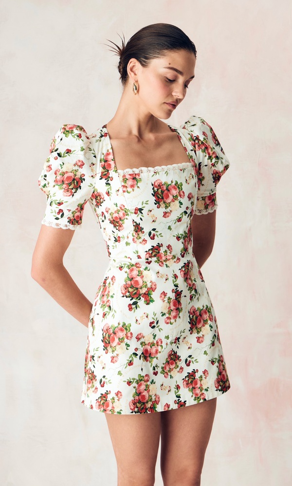 Платье АННА из стрейч поплина с авторскими принтом «ПИОНЫ И ВИШНИ»-Изображение