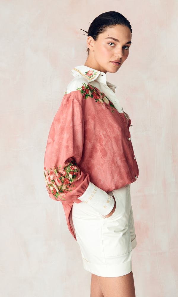 Рубашка из сатиновой стрейч вискозы с авторским принтом 