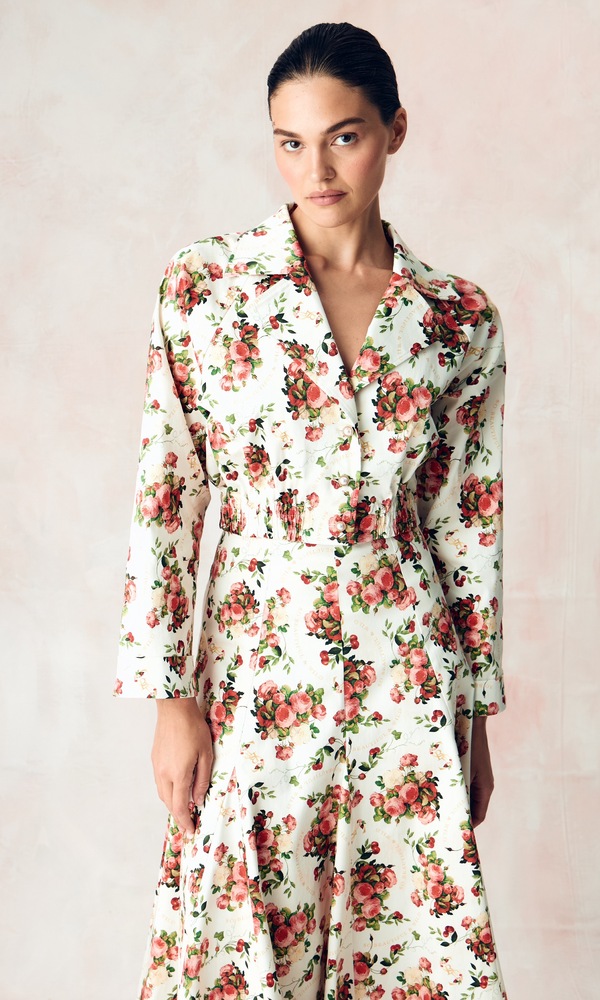 Бомбер из стрейч поплина с авторским принтом «ПИОНЫ И ВИШНИ»-Изображение