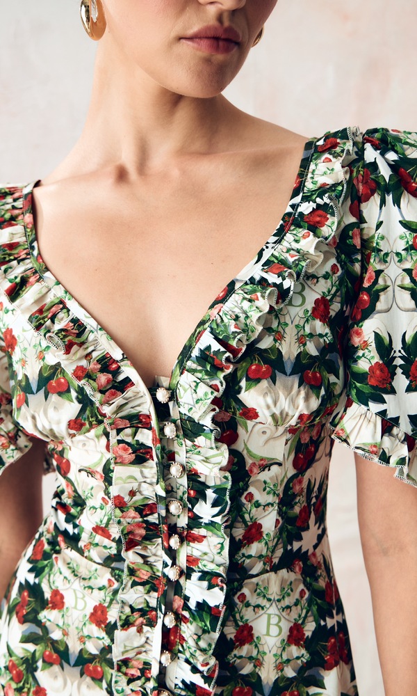 Платье из стрейч поплина с авторским принтом «ВИШНЕВЫЙ САД»-Изображение