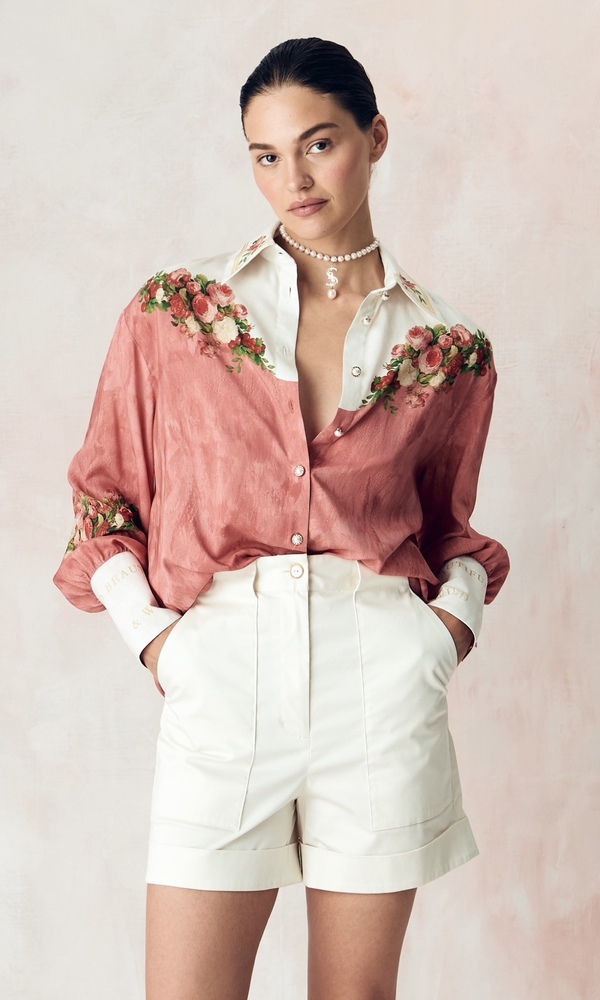 Рубашка из сатиновой стрейч вискозы с авторским принтом 