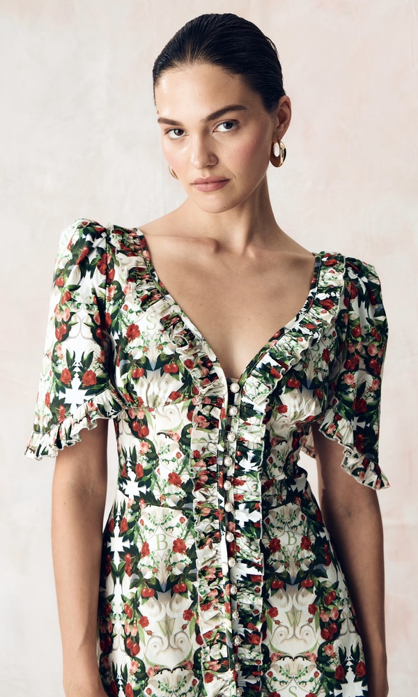 Платье из стрейч поплина с авторским принтом «ВИШНЕВЫЙ САД»-Изображение