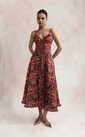 Сарафан НИНА из стрейч поплина с авторским принтом «ВИШНЕВЫЙ САД»