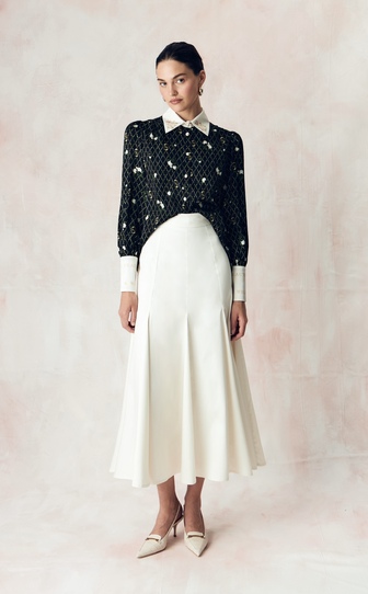 Рубашка из сатиновой стрейч вискозы с авторским принтом «ЗОЛОТЫЕ ПИОНЫ»