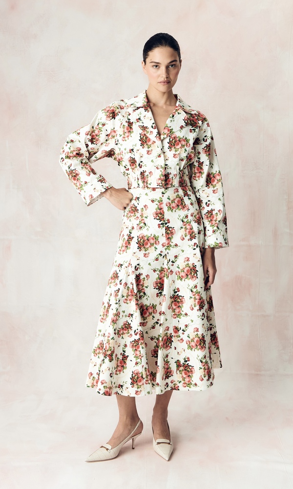 Юбка годэ в длине миди из стрейч поплина с авторским принтом «ПИОНЫ И ВИШНИ»-Изображение