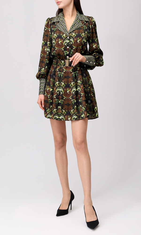 Платье из сатиновой вискозы в длине мини с авторским принтом 