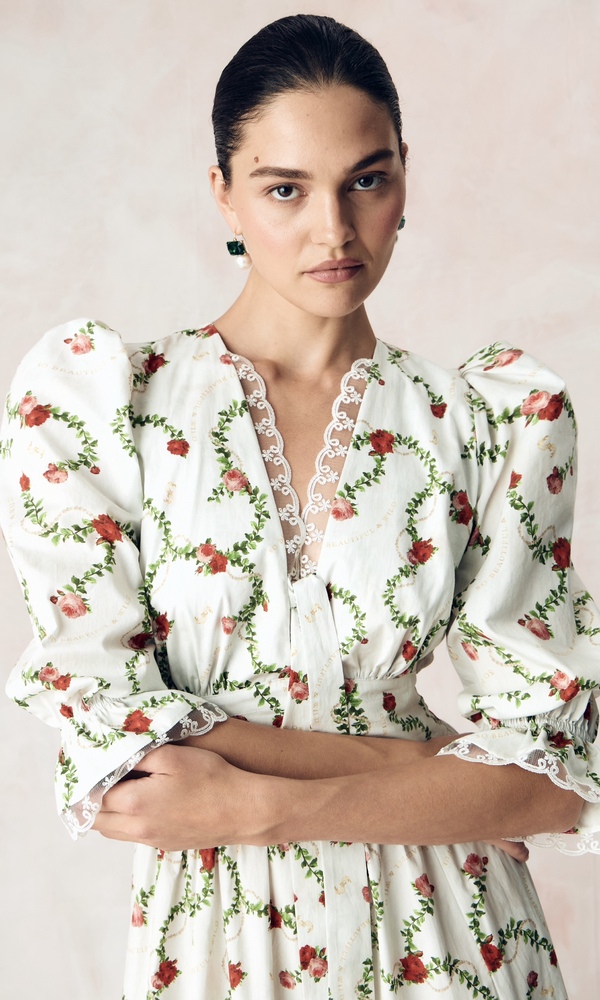 Платье годэ из облегченного хлопка поплина с авторским принтом «КОРОЛЕВСКАЯ РОЗА»-Изображение