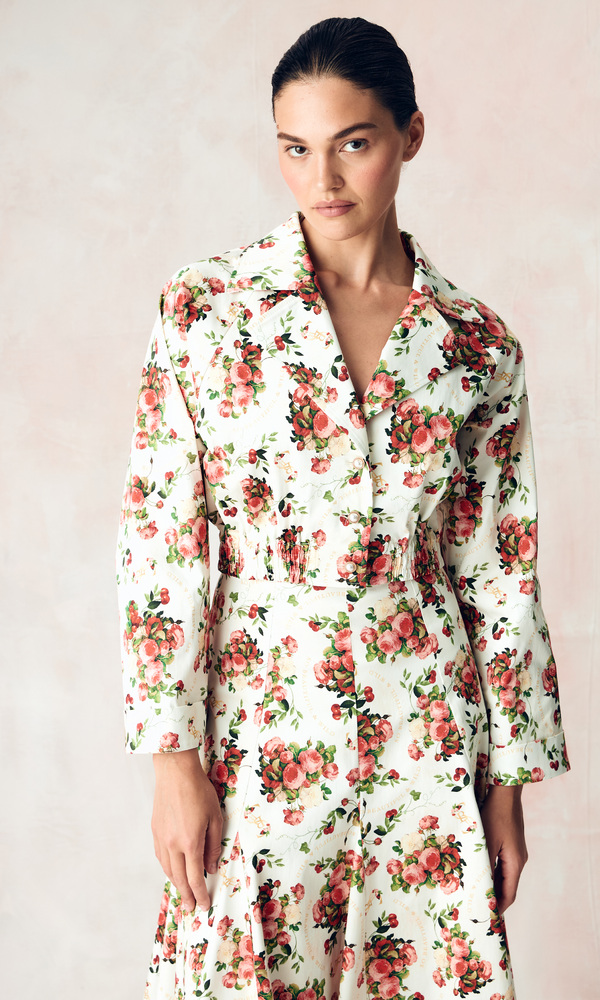 Юбка годэ в длине миди из стрейч поплина с авторским принтом «ПИОНЫ И ВИШНИ»-Изображение