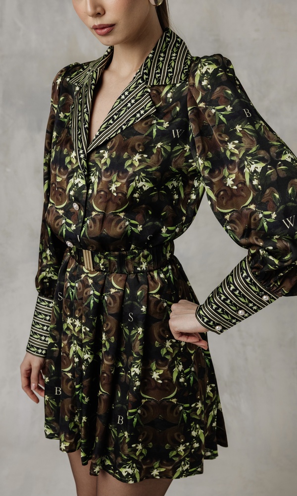 Платье из сатиновой вискозы в длине мини с авторским принтом 