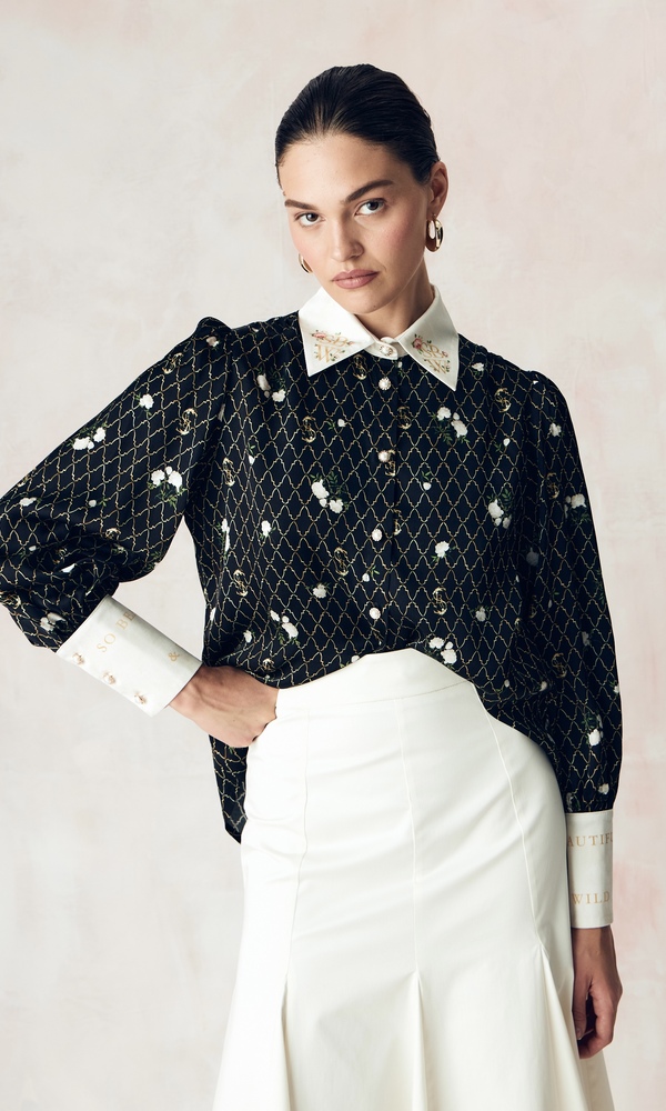 Рубашка из сатиновой стрейч вискозы с авторским принтом «ЗОЛОТЫЕ ПИОНЫ»-Изображение