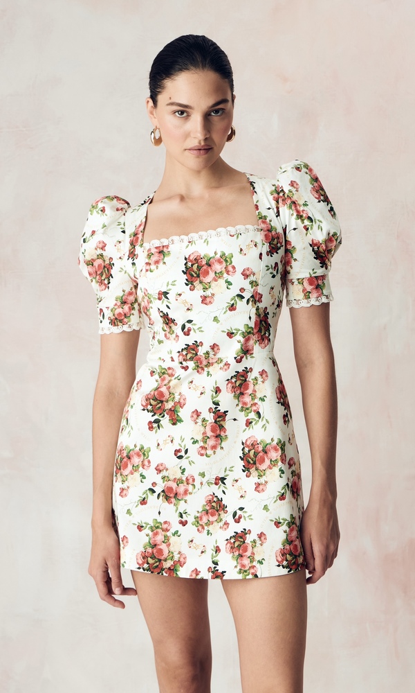 Платье АННА из стрейч поплина с авторскими принтом «ПИОНЫ И ВИШНИ»-Изображение
