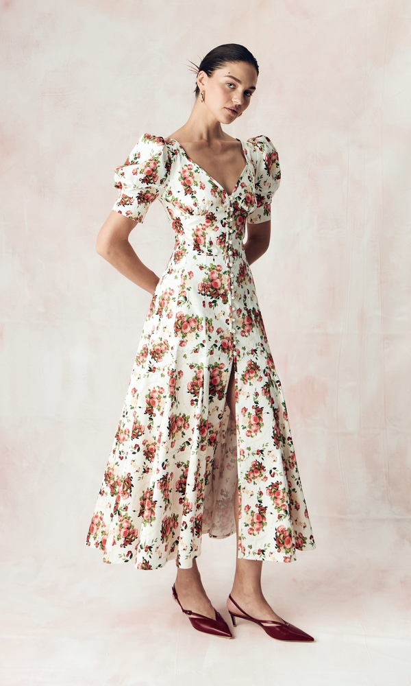 Платье годэ из стрейч поплина с авторским принтом «ПИОНЫ И ВИШНИ»-Изображение